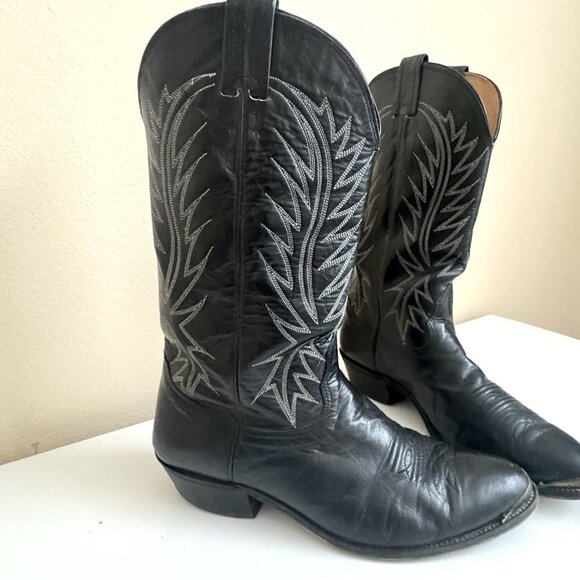 Nocona Cowboy Boots Black 10 Round Toe USA White Stitching Metal Tip Vintage - Picture 14 of 14